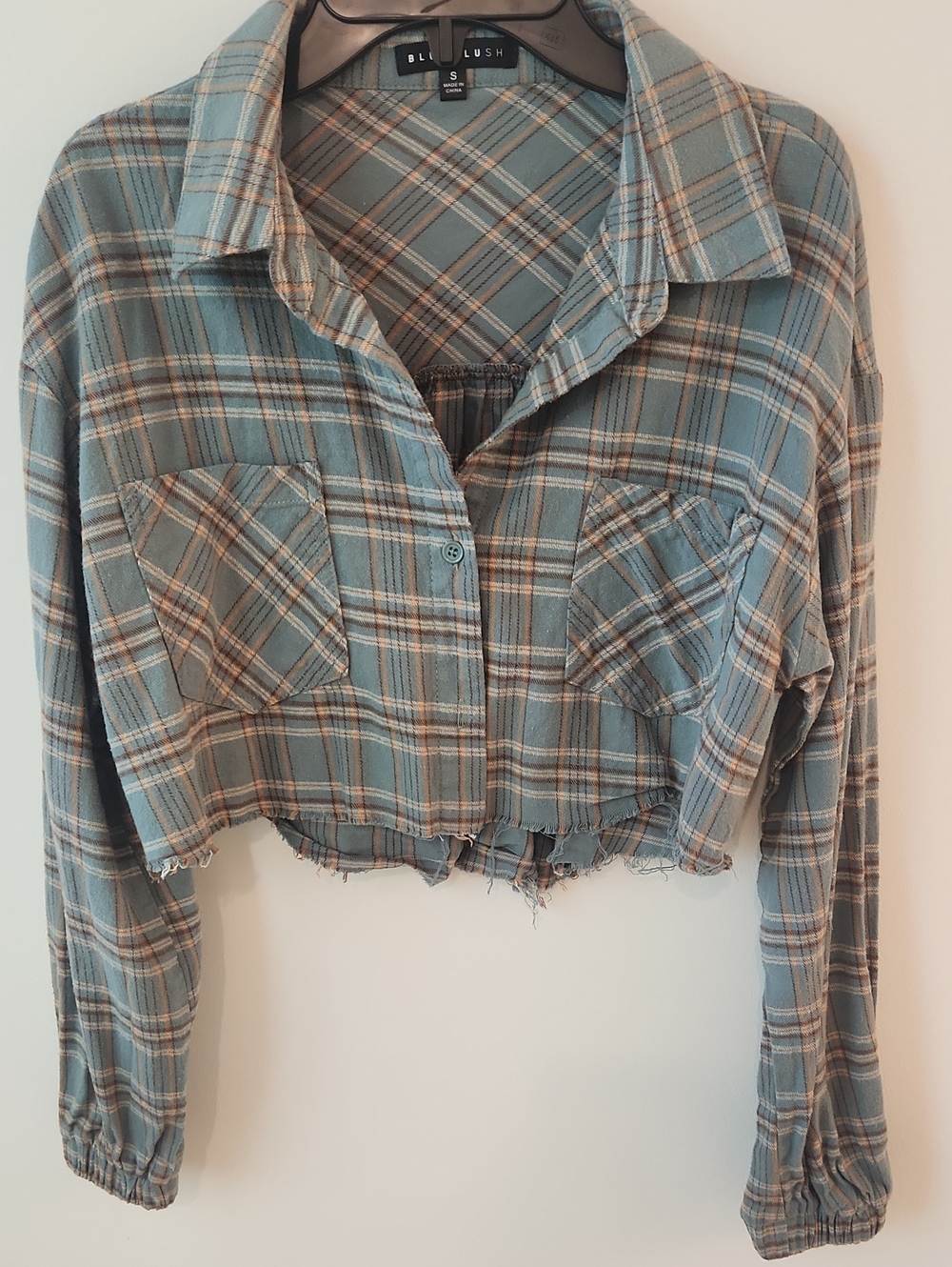 Willow Boutique Blue Blush Teal and Tan Plaid Cropped Button-Down Top